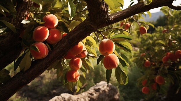 Italian fruit trees producing ripe peaches
