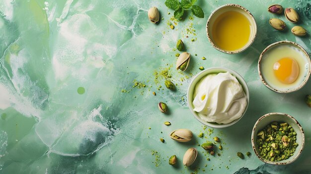 Photo italian gelateria pistachio gelato ingredients on green marble