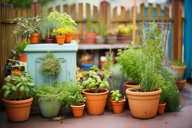 Italian herb garden with basil oregano and thyme in pots