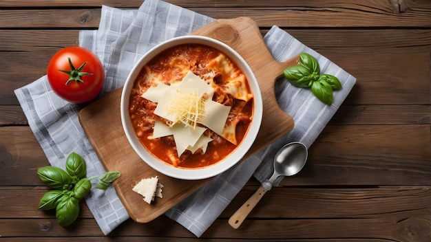 Italian homemade Lasagna soup with ground beef tomato pasta basil garlic and cheese