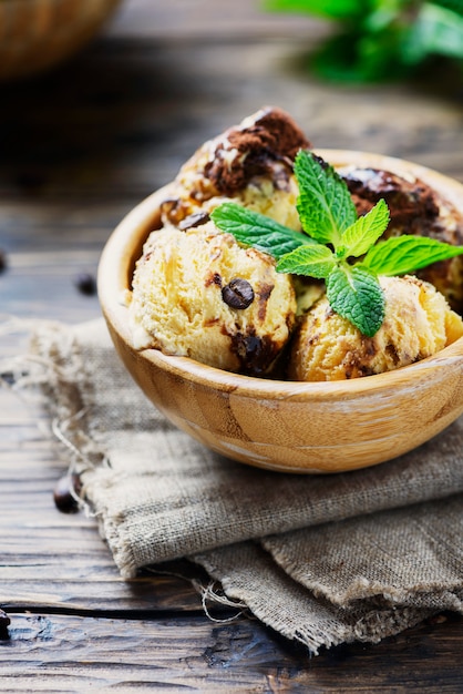 Italian ice cream Â«tiramisuÂ» with coffee and mint