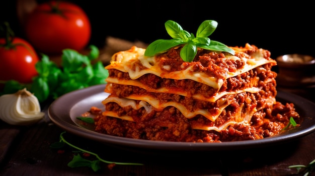 italian lasagna bolognese with minced meat and minced meat on wooden table