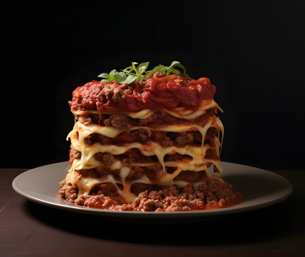 an italian lasagna is piled up on a plate