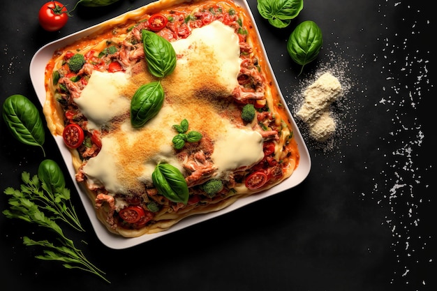 Foto lasagna italiana fatta con salsa besciamella formaggio bolognese verdure e carne macinata menu ricetta e vista dall'alto copia l'area di testo