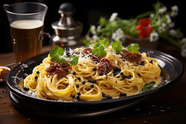 Italian main Course Spaghetti alla Carbonara traditional Roman pasta dish made with egg