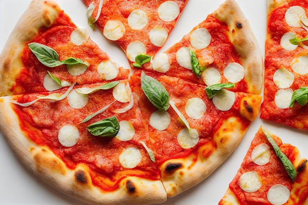 Italian margherita pizza with white molten circles of mozzarella cheese and tomato paste