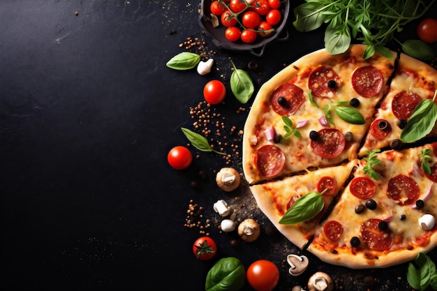 Italian meal food cheese space food background fast pizza black tomato copy fast Generative AI