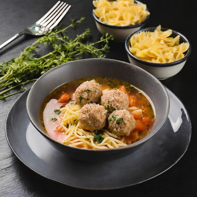 Italian meatball soup and stelline pasta in bowl on black table