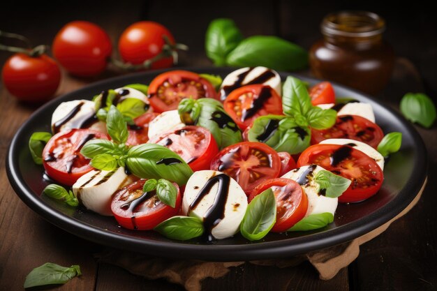 Italian or Mediterranean Caprese salad with tomato mozzarella basil olives and olive oil on wood