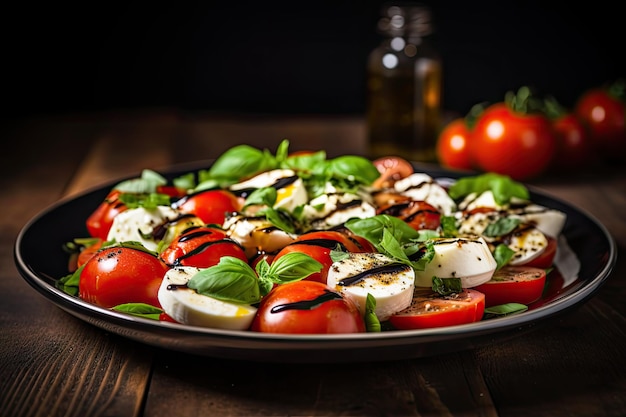Итальянский или средиземноморский салат Капрезе с помидорами, моцареллой, базиликом, оливками и оливковым маслом на дереве