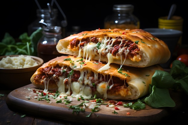 An Italian oven baked folded pizza often described as a turnover made with leavened dough