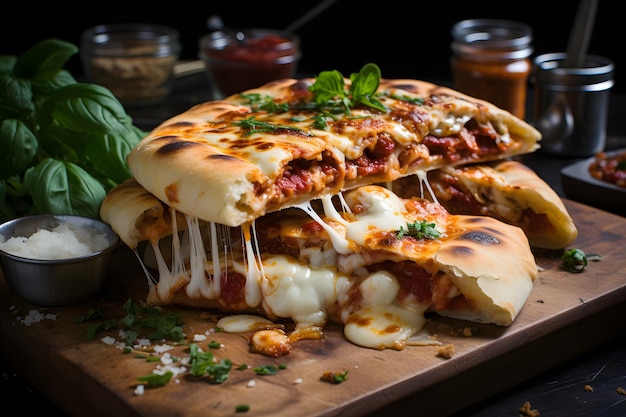 An Italian oven baked folded pizza often described as a turnover made with leavened dough