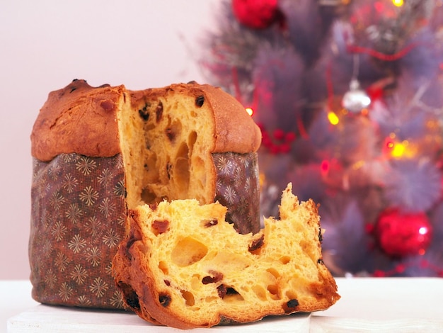 Italian panettone Christmas cake with raisins and dried fruits