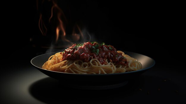 Итальянская паста в черной тарелке на черном фоне