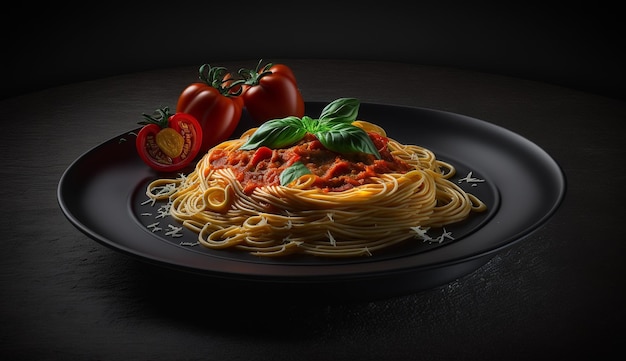 Italian pasta bolognese bowls of spaghetti with vegetarian polpette and basil