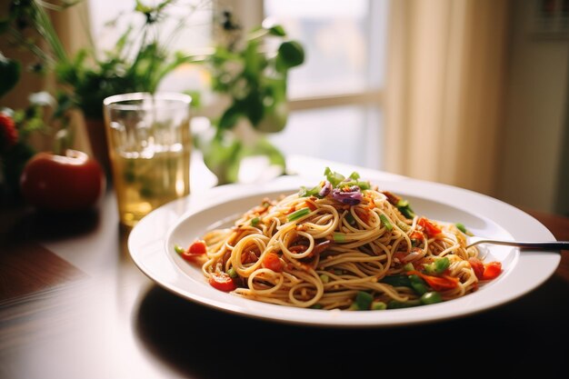 Foto pasta italiana spaghetti bolognese con pomodoro cibo casalingo ristorante caffè consegna di cibo