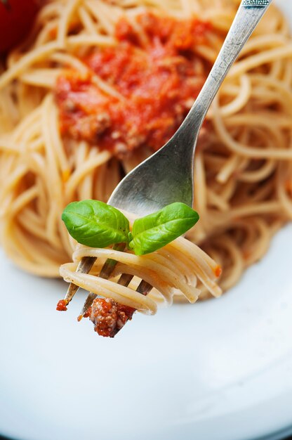 Italian pasta bolognese with meat and tomato