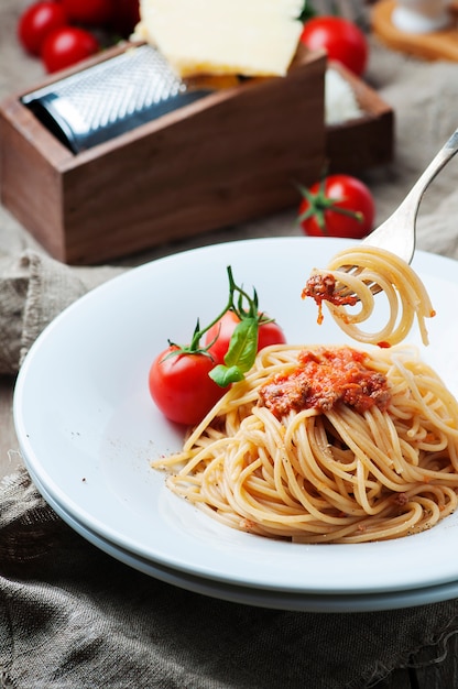 Italian pasta bolognese with meat and tomato