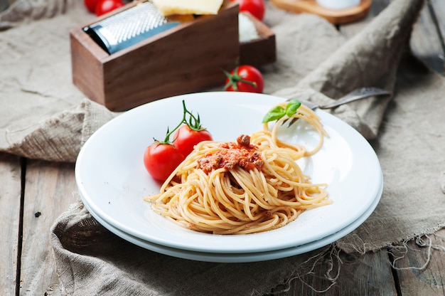 Italian pasta bolognese with meat and tomato