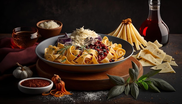 Italian Pasta Food With Accompaniments. AI generative.