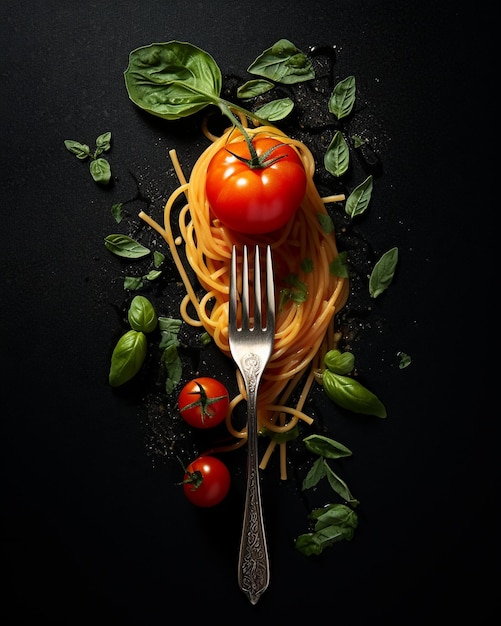 Foto pasta italiana su una forchetta con pomodori su sfondo grigio