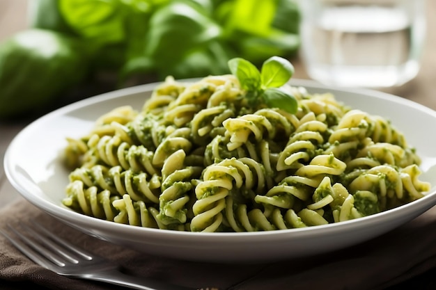 Italian Pasta Pesto A plate of pesto pasta with a fork next to it