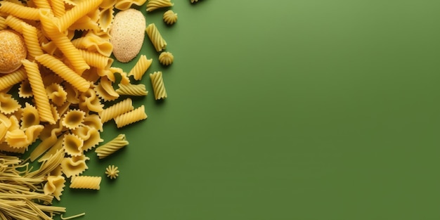 Foto pasta italiana cruda secca su sfondo a tinta unita sfondo banner alimentare posto vuoto per il testo