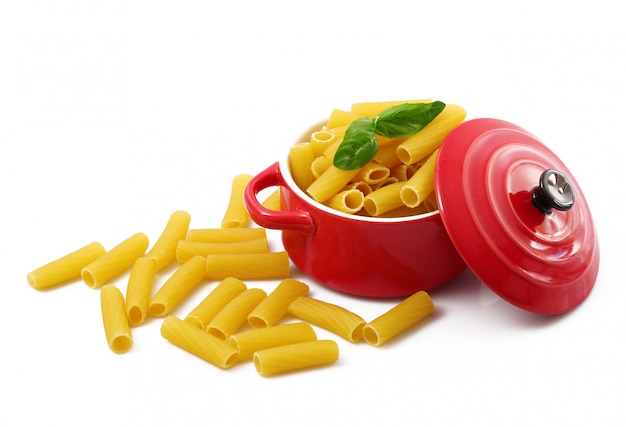 Italian pasta in red pot