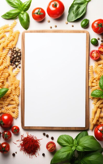 Foto pasta italiana con pomodori, basilico e spezie