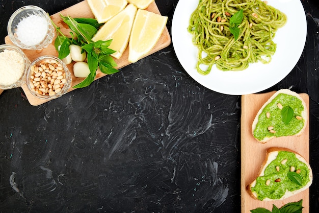 Italian pasta spaghetti with homemade basil pesto