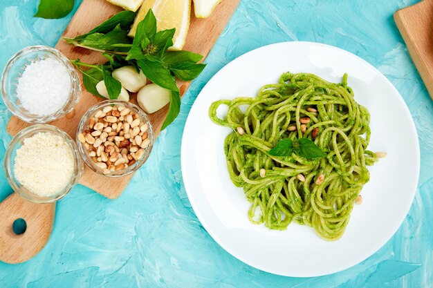 Italian pasta spaghetti with homemade basil pesto