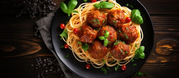 Итальянские макаронные изделия Спагетти с фрикадельками и сыром пармезан подаются на черной тарелке, помещенной на
