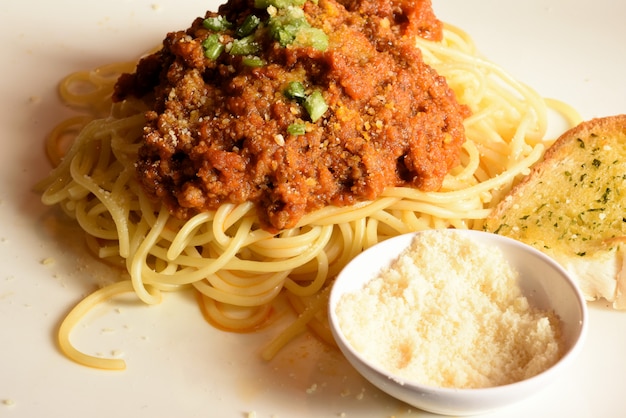 Italian pasta spaghetti with tomato sauce and basil 