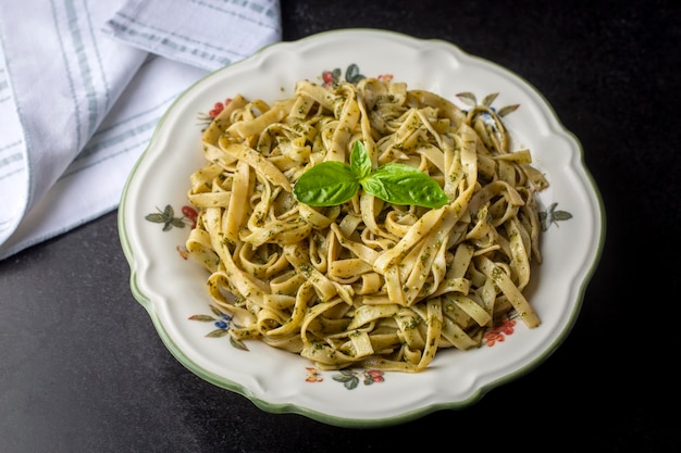 Italian pasta; Tagliatelle with Pesto Sauce