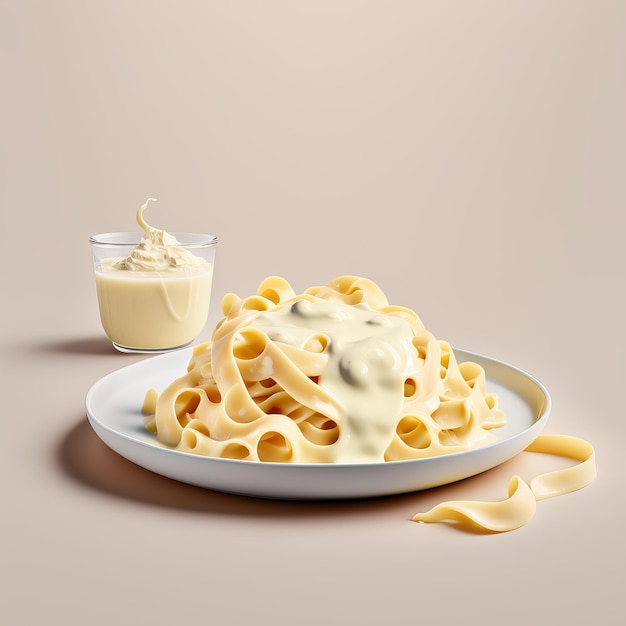 Italian pasta with cheese and cream sauce on ligth pink background