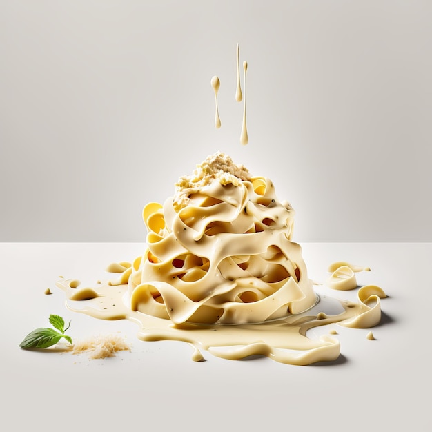 Foto pasta italiana con formaggio e salsa di panna su sfondo bianco