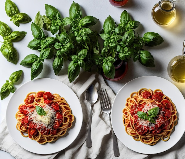 토마토 소스와 바질 잎을 곁들인 이탈리아 파스타