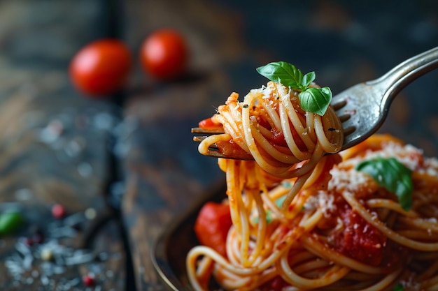 Italian pasta with tomato sauce on a metal fork copy space for text
