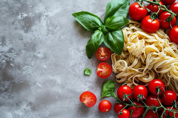 浅い灰色の背景にトマトとバジルが付いたイタリアのパスタ