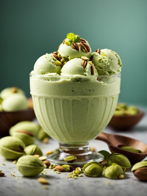 Foto gelato di pistacchio italiano in cono di waffle con illuminazione in studio e foto di sfondo di cibo