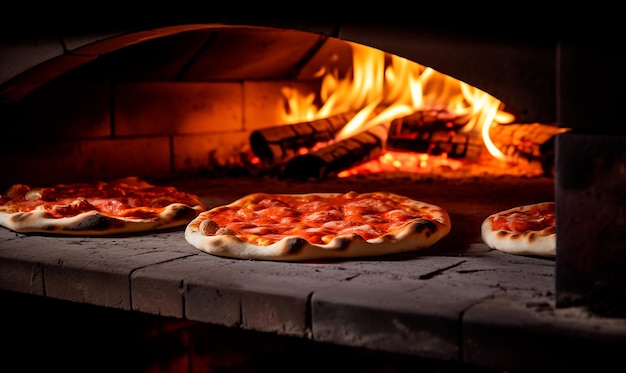 Photo italian pizza brick oven with open fire background with copy space ai generated