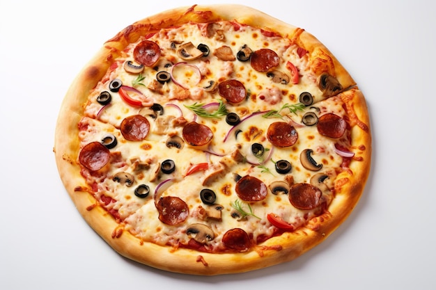 Italian pizza in a circular shape on a white isolated backdrop