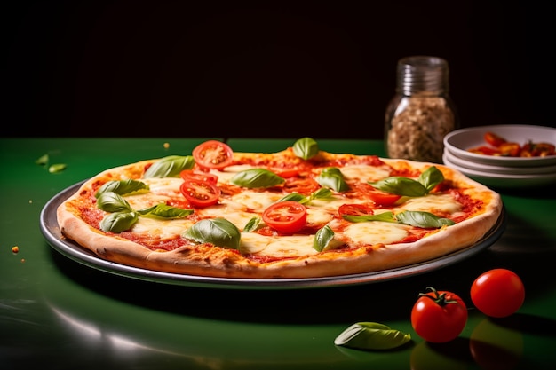 초록색 테이블 위에 있는 금속 접시 위에 치즈 토마토 소스와 바질을 넣은 이탈리아 피자 마르게리타