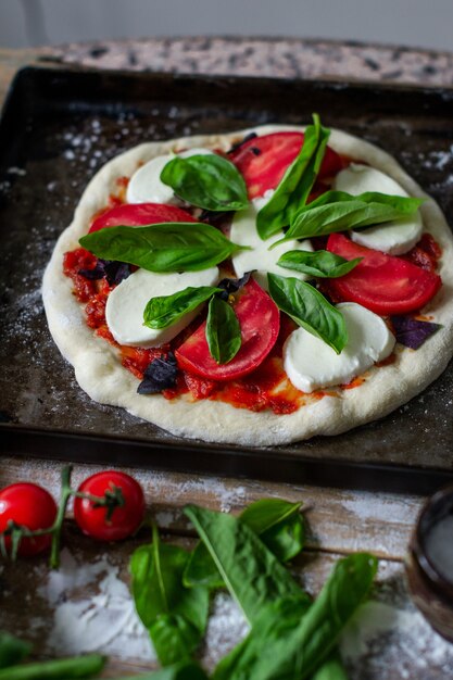 Italian pizza raw pizza before baking pizza margarita fresh pizza