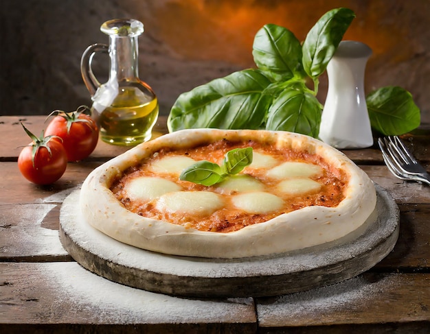 italian pizza with mozzarella cheese and basil on wooden table