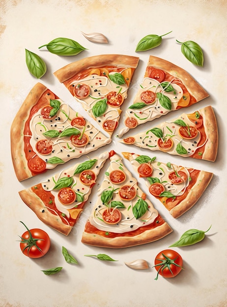 Italian pizza with tomatoes mozzarella basil olives Watercolor pizza Mediterranean Kitchen