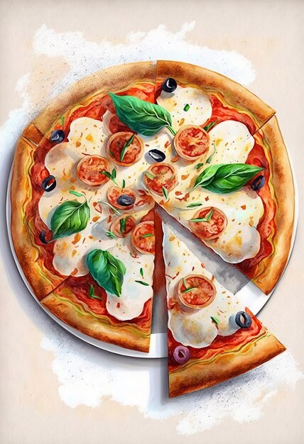 Italian pizza with tomatoes mozzarella basil olives Watercolor pizza Mediterranean Kitchen