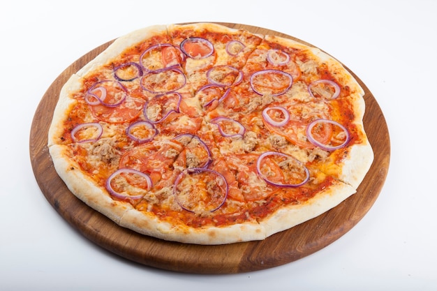 italian pizza on wooden board with white background