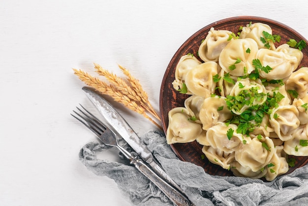 Italian ravioli in the plate on the dark background