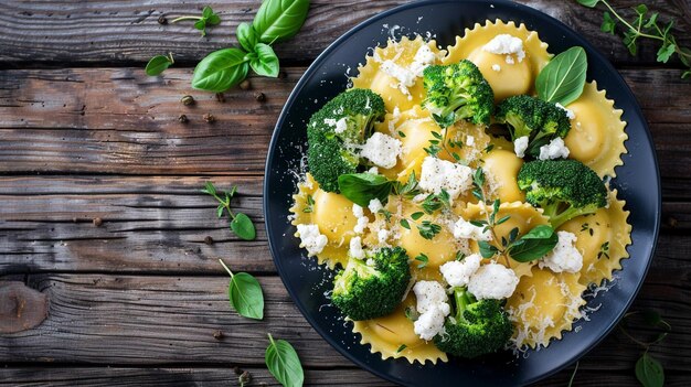 Photo italian ravioli with goat cheese broccoli and herbs